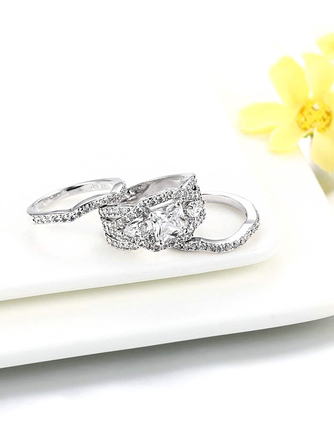 

Yellow Chimes Unisex Set Of 3 Rhodium Plated Crystals Studded Finger Rings, Silver