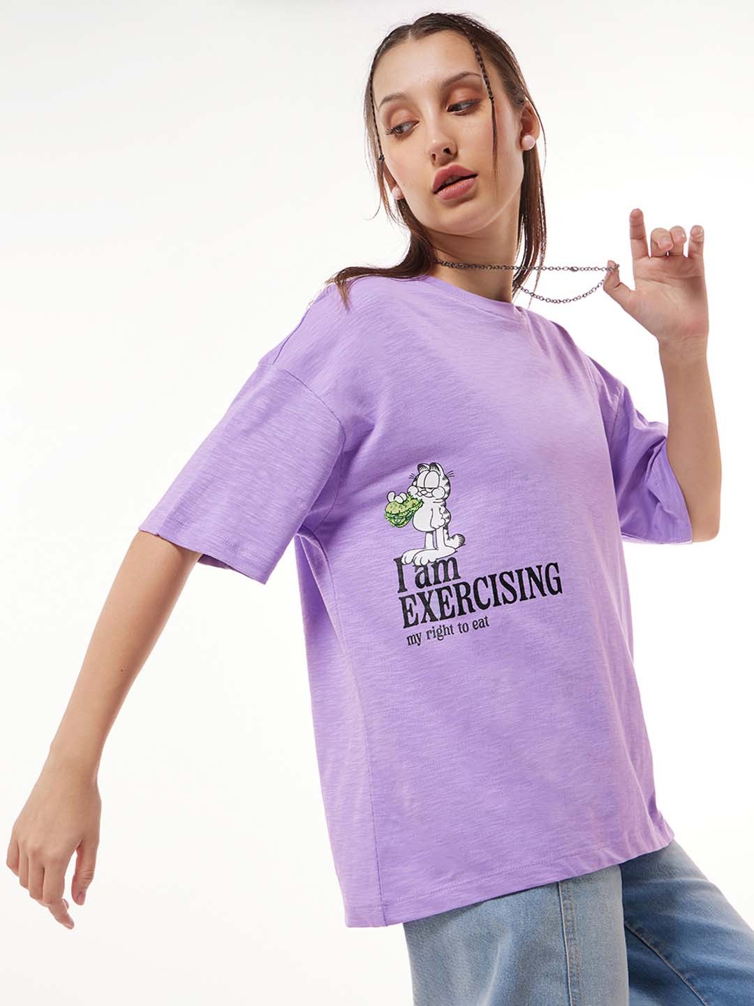 

Bewakoof Air 1.0 Women Purple Exercising Garfield Graphic Printed Oversized T-shirt