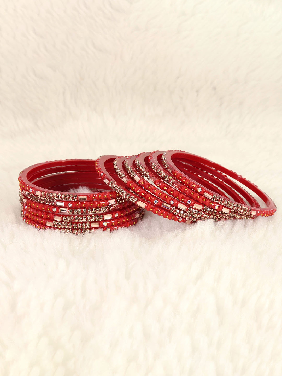 

LAVAZZA Set Of 12 Glass Crystals Zircon Studded Bangles, Red