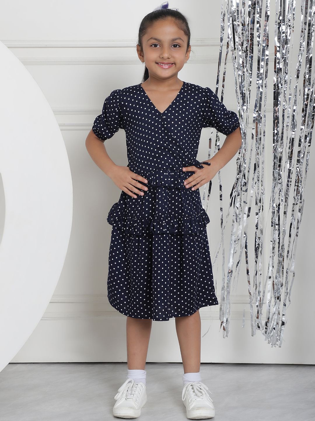 

MINI & MING V Neck Polka Dot Printed Wrap Dress, Navy blue