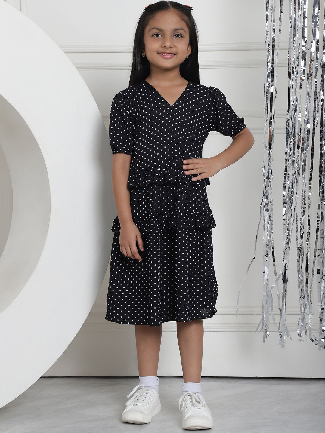 

MINI & MING Girls Polka Dot Printed V-Neck Puff Sleeves A-Line Dress, Black