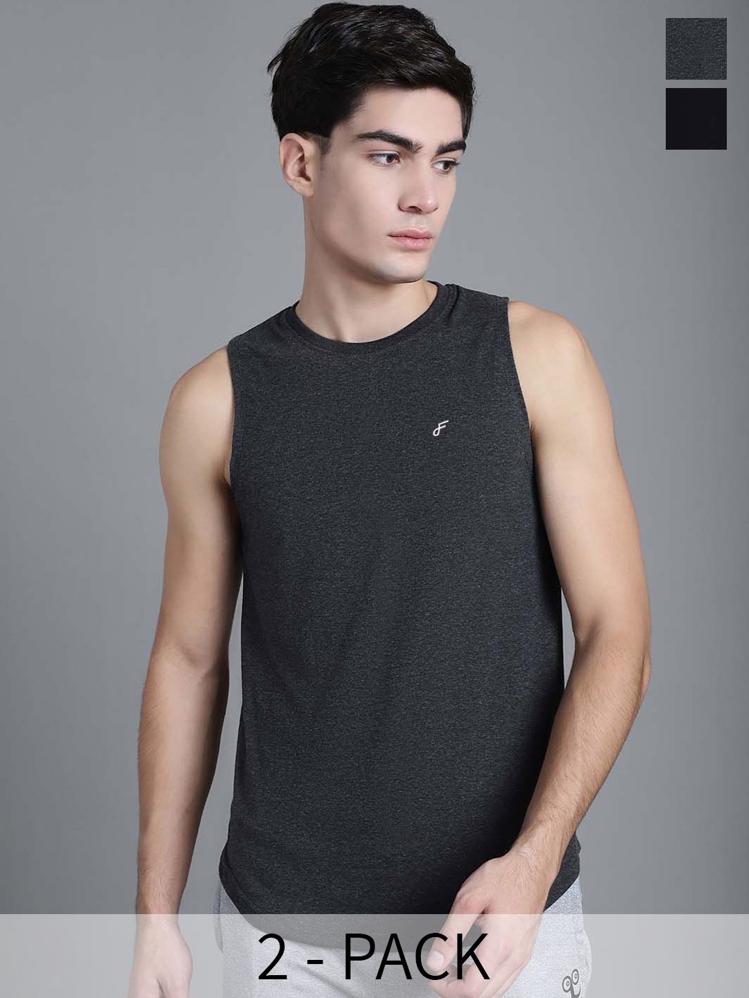 

FBAR Pack Of 2 Round Neck Skin Friendly Pure Cotton Gym Innerwear Vests FBAE-01-22, Black