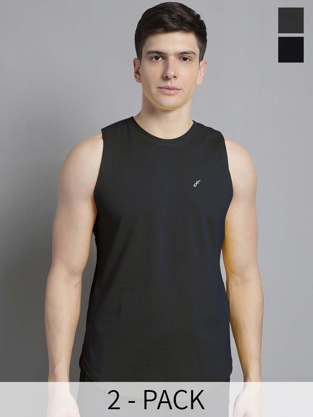 

FBAR Pack Of 2 Round Neck Skin Friendly Pure Cotton Gym Innerwear Vests FBAE-01-17, Black