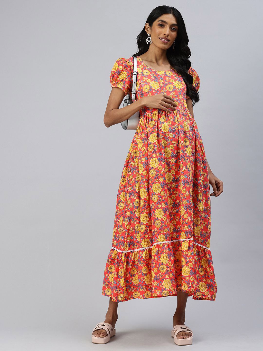 

Swishchick Floral Printed Puff Sleeve Maternity Maxi Dress, Peach