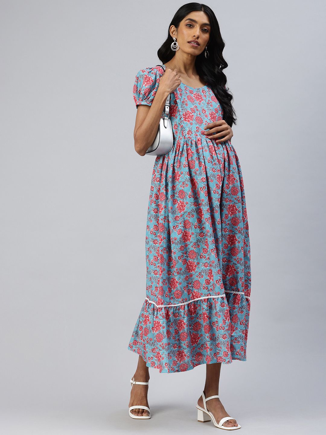 

Swishchick Floral Printed Puff Sleeve Maternity Maxi Dress, Blue