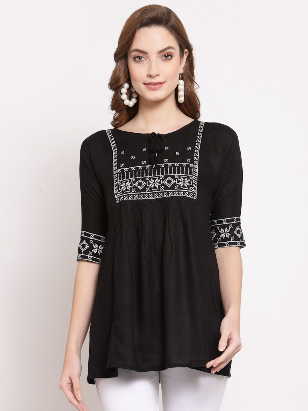 

KALINI Floral Embroidered Tunic, Black
