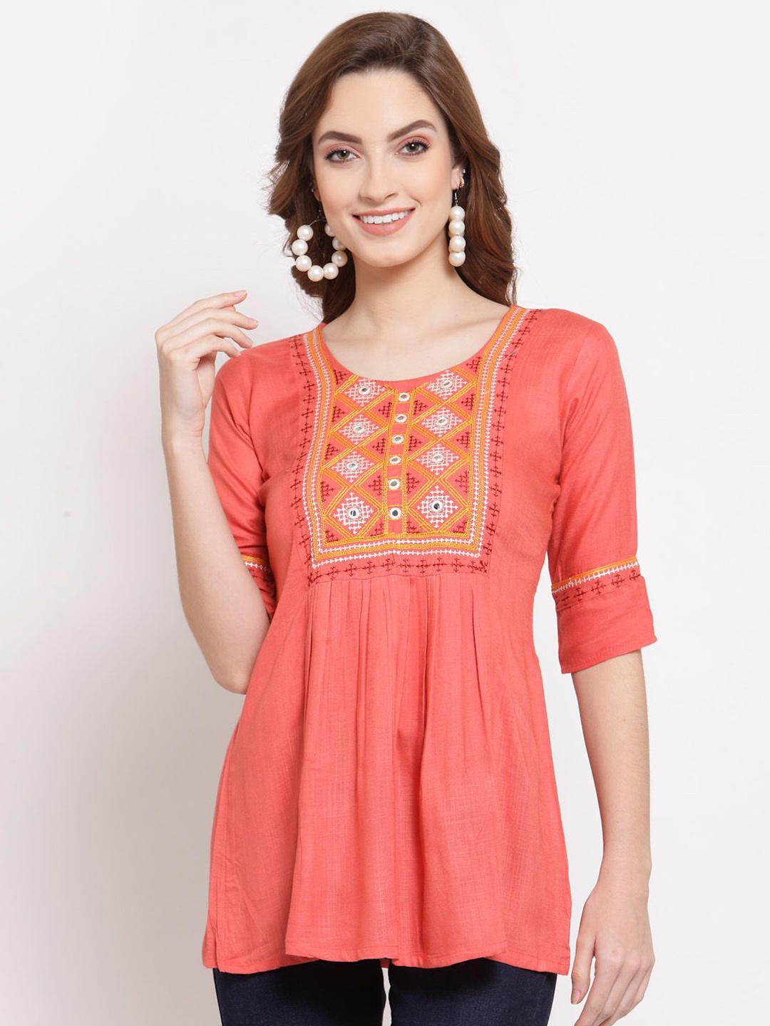 

KALINI Geometric Embroidered Mirror Work Pleated A-Line Kurti, Peach