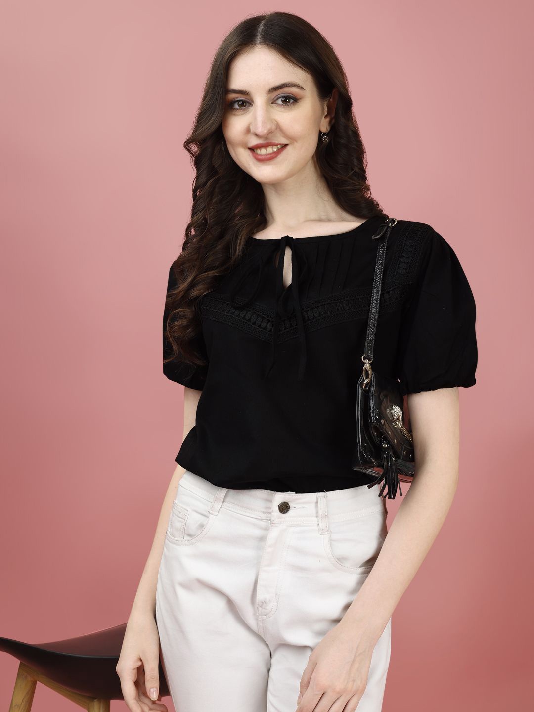 

Kinjo Tie-Up Neck Puff Sleeve Pure Cotton Top, Black