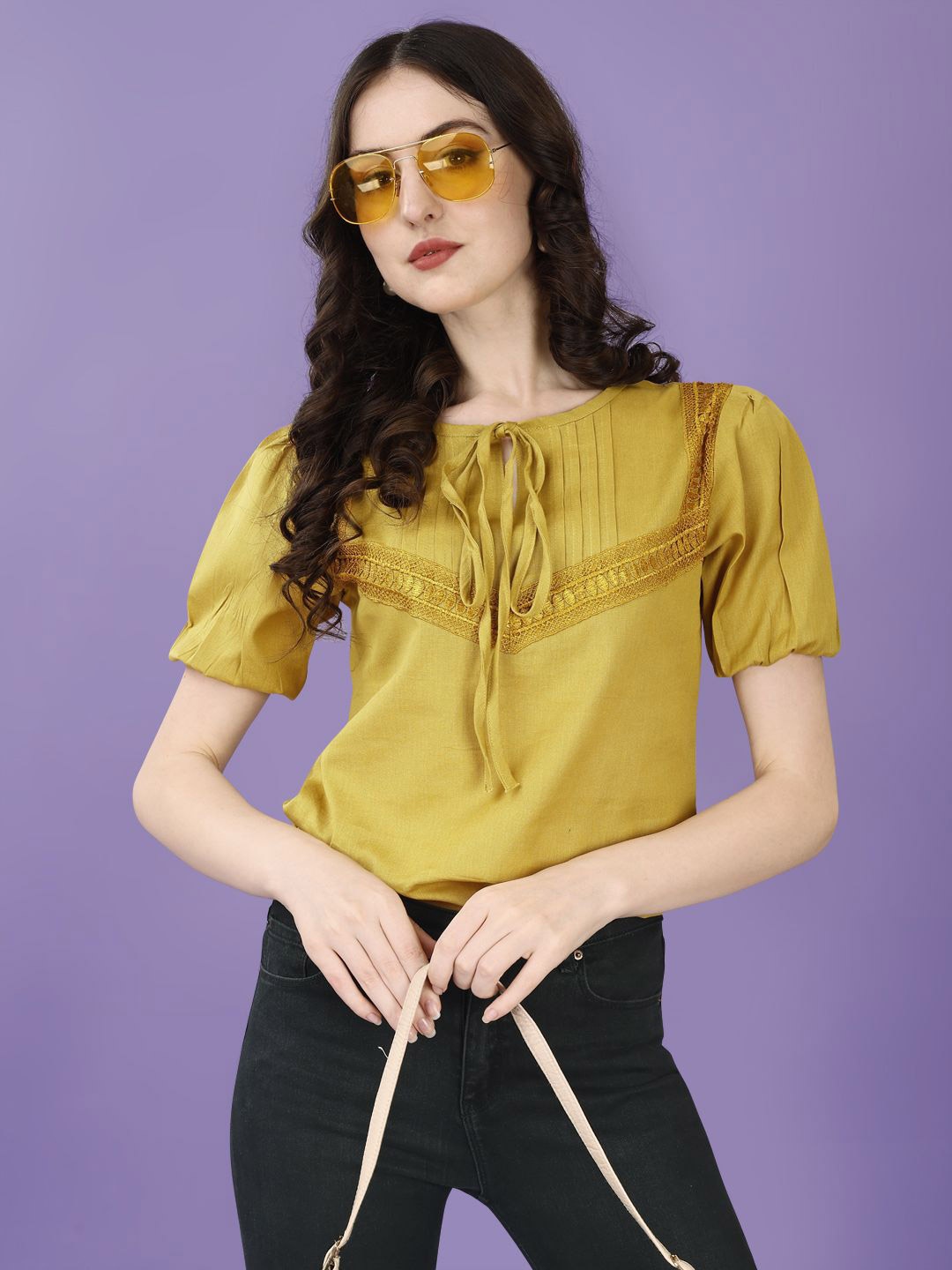 

Kinjo Tie-Up Neck Puff Sleeve Pin Tucks Detailing Pure Cotton Top, Mustard