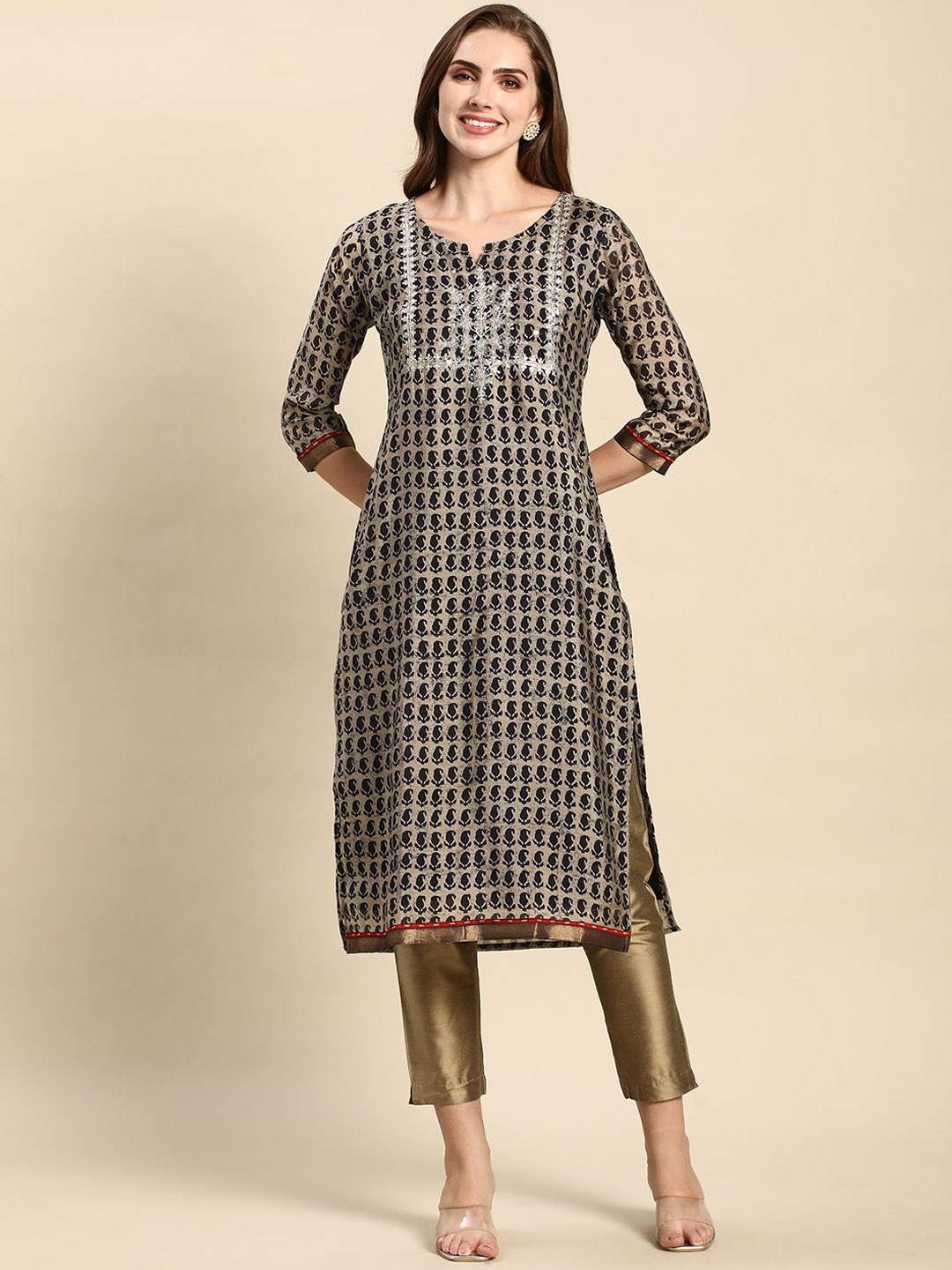 

RATAN Ethnic Motifs Printed Notch Neck Chanderi Silk Straight Kurta, Beige
