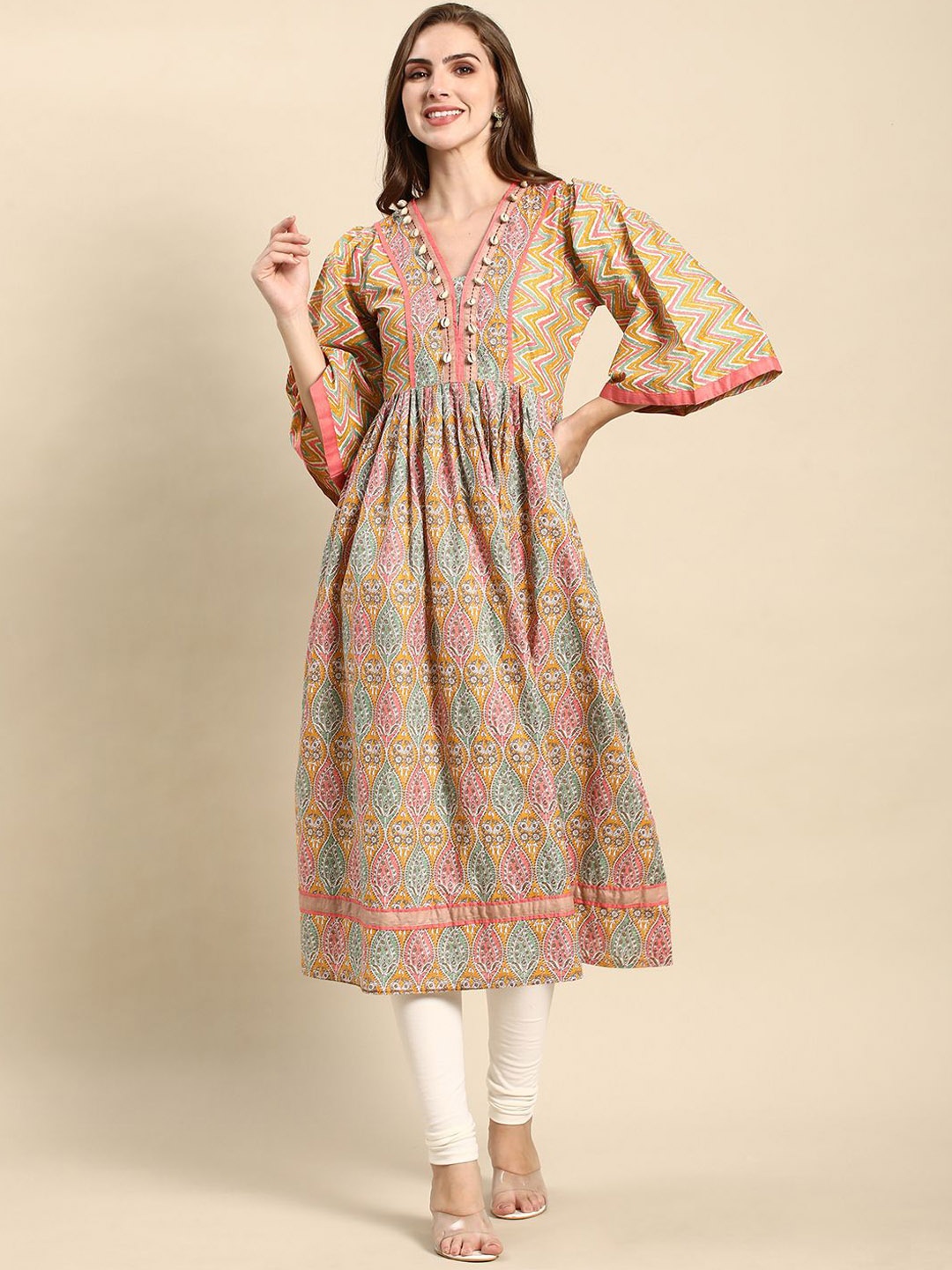 

RATAN V Neck Geometric Printed Bell Sleeves Summer Sheers Anarkali Kurta, Pink