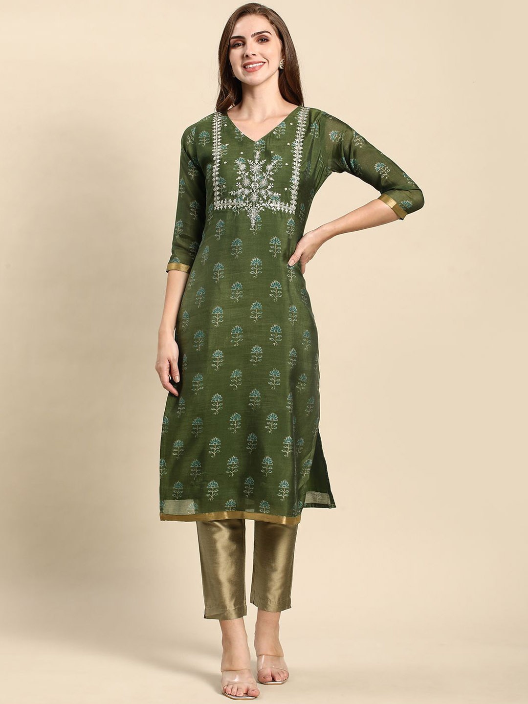 

RATAN Floral Printed V-Neck Chanderi Silk Straight Kurta, Green