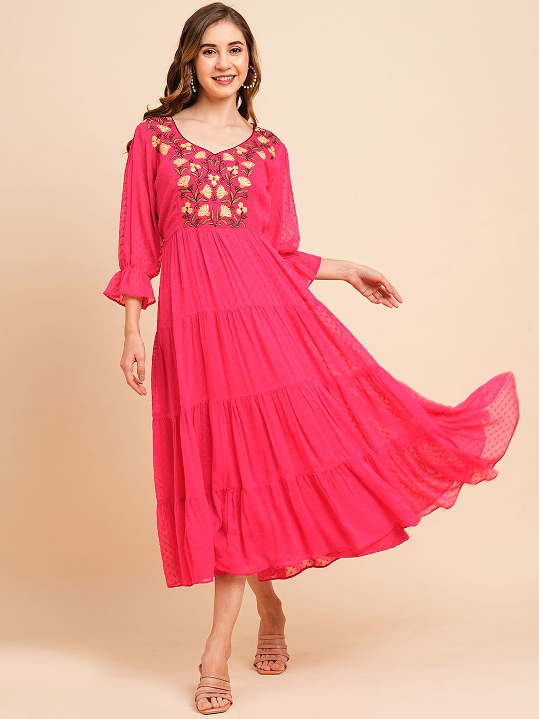 

RATAN Self Design Puff Sleeves Embroidered Tiered Chiffon Midi Fit & Flare Dress, Pink