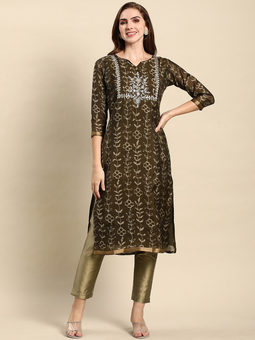 RATAN Floral Printed Notch Neck Chanderi Silk Straight Kurta, Brown