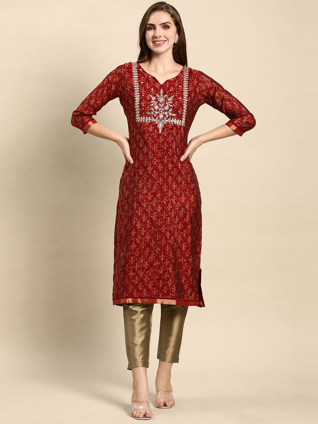 

RATAN Floral Printed Notch Neck Chanderi Silk Straight Kurta, Red