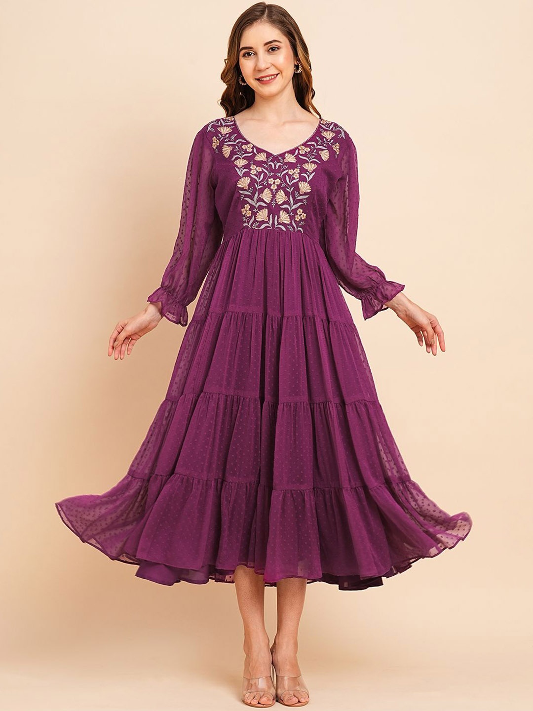 

RATAN Self Design Puff Sleeves Embroidered Tiered Chiffon Midi Fit & Flare Dress, Magenta