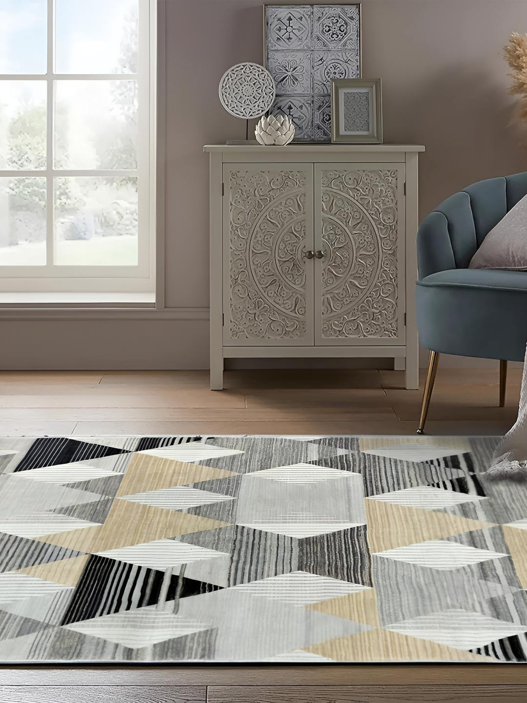 

Sapana Carpet-Mats Grey Geometric Anti-Skid Polyester Carpet