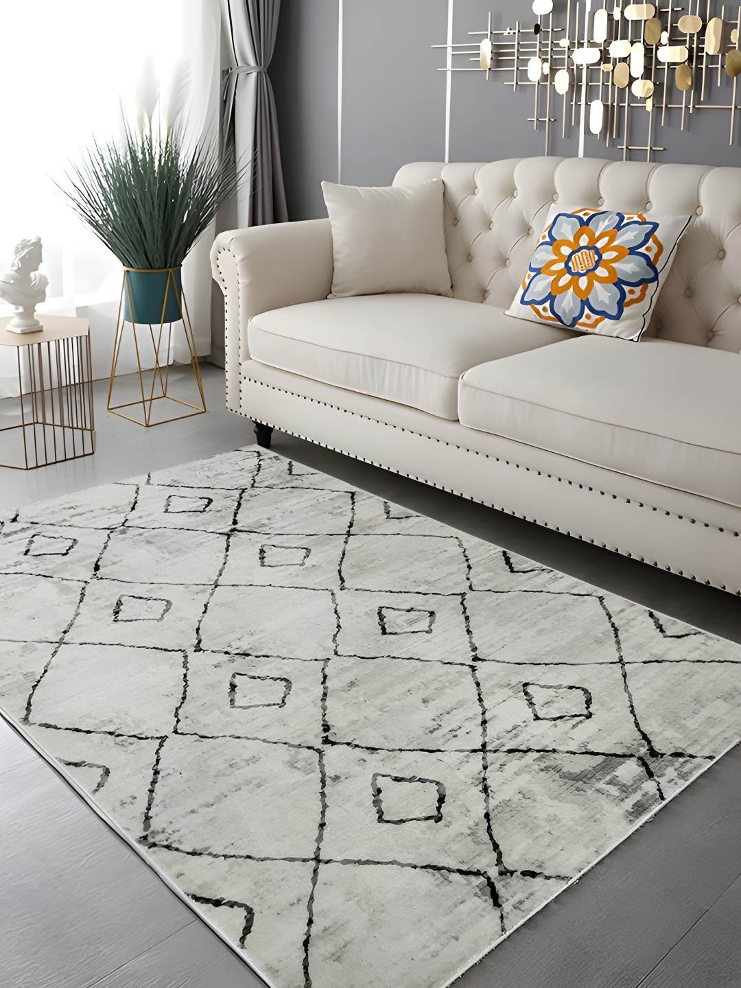 

Sapana Carpet-Mats Cream-Coloured Geometric Anti-Skid Polyester Carpet