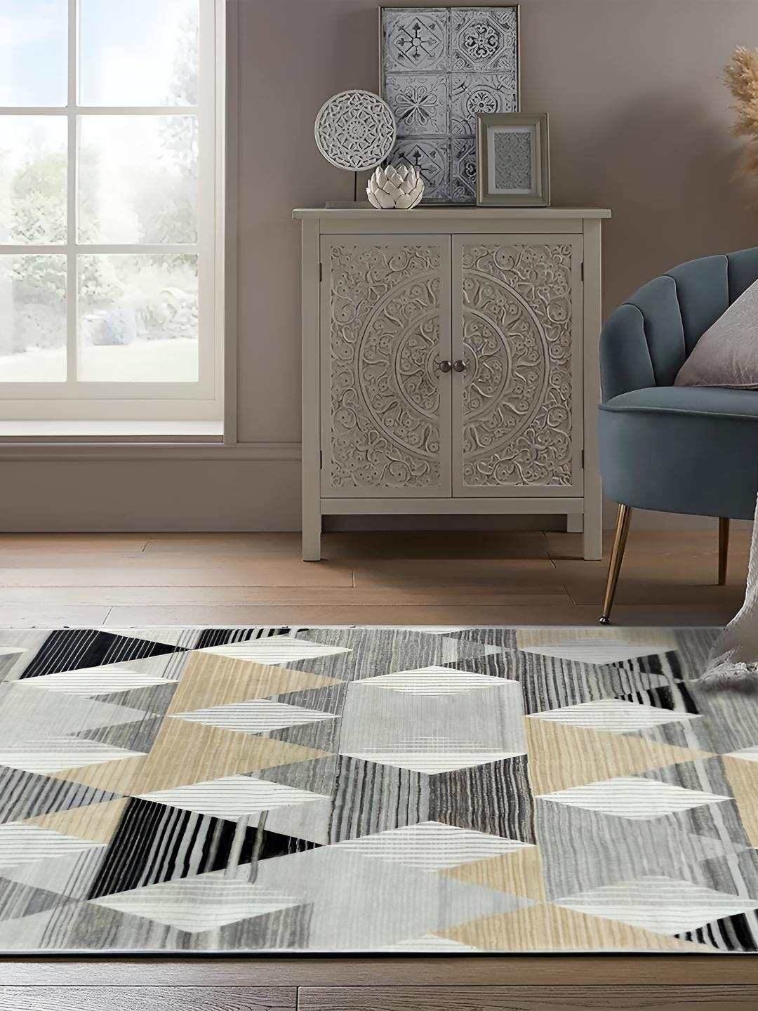 

Sapana Carpet-Mats Grey Geometric Anti-Skid Polyester Carpet