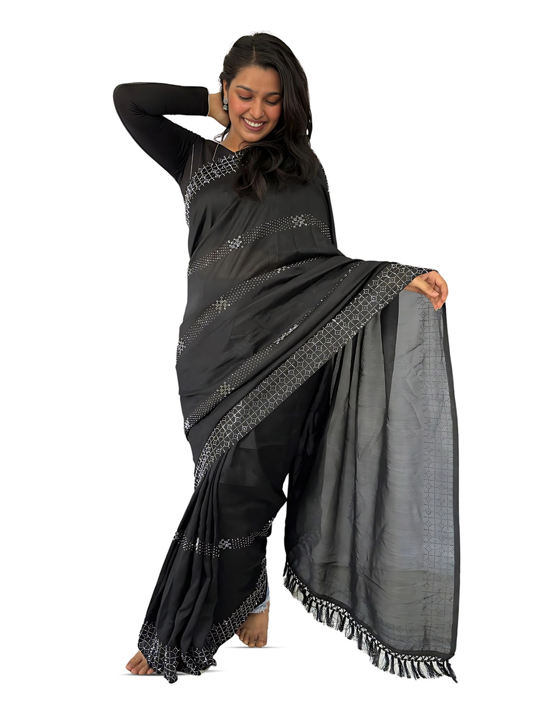 

Sitanjali Striped Saree With Blouse Piece, Black