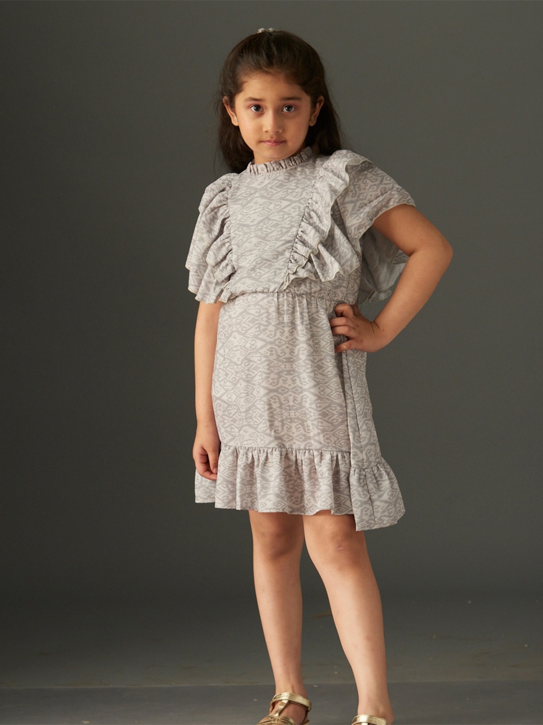 

KidsDew Girls Abstract Printed Flutter Sleeves Ruffled A-Line Dress, Grey