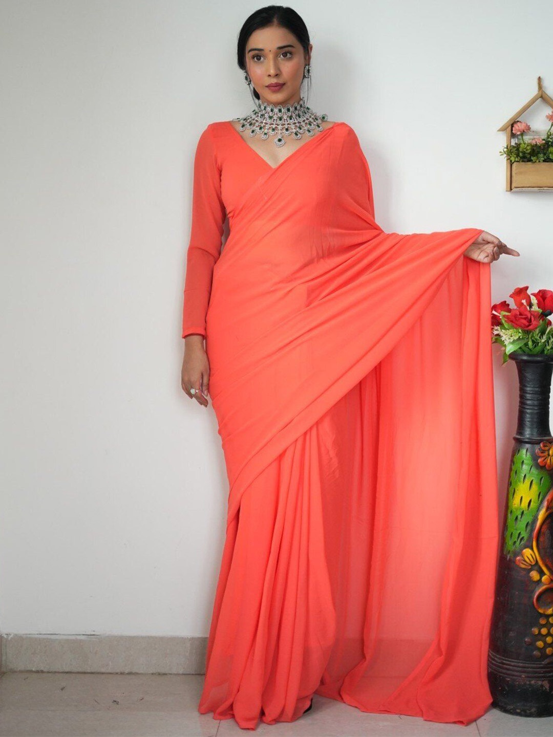 

Fashion Basket Pure Georgette Ready To Wear Saree, Orange