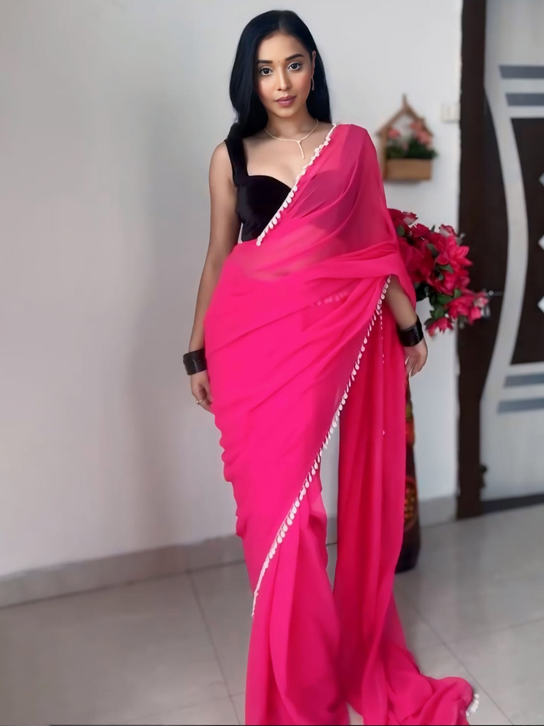 

Fashion Basket Pure Georgette Saree, Pink