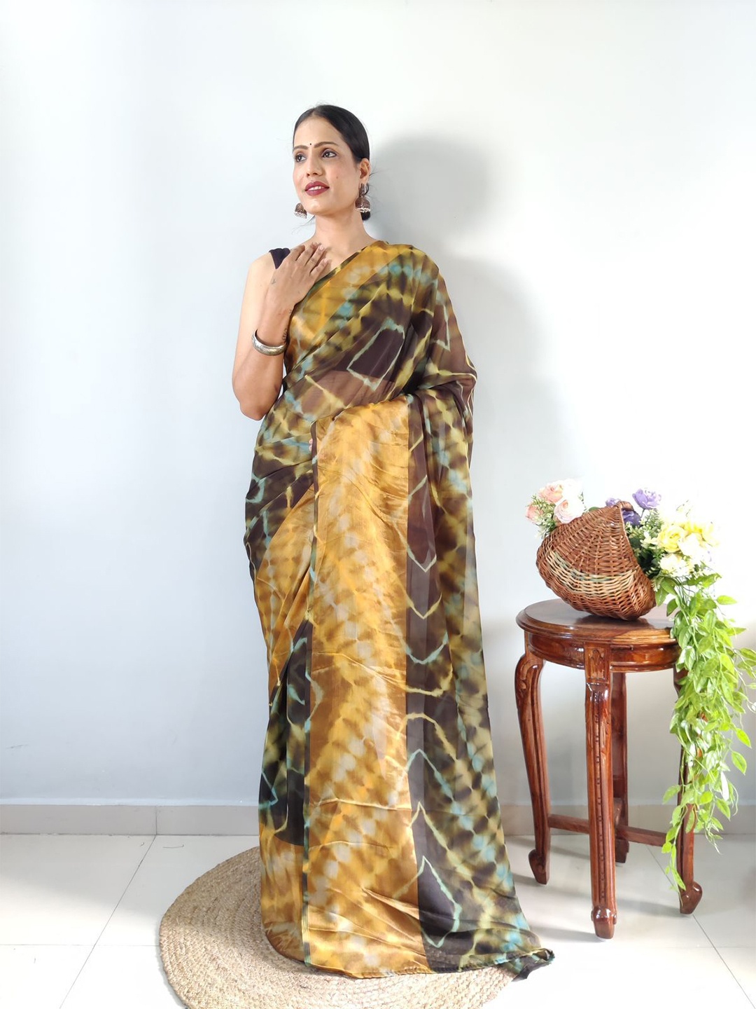 

Fashion Basket Tie and Dye Pure Chiffon Ready to Wear Saree, Brown