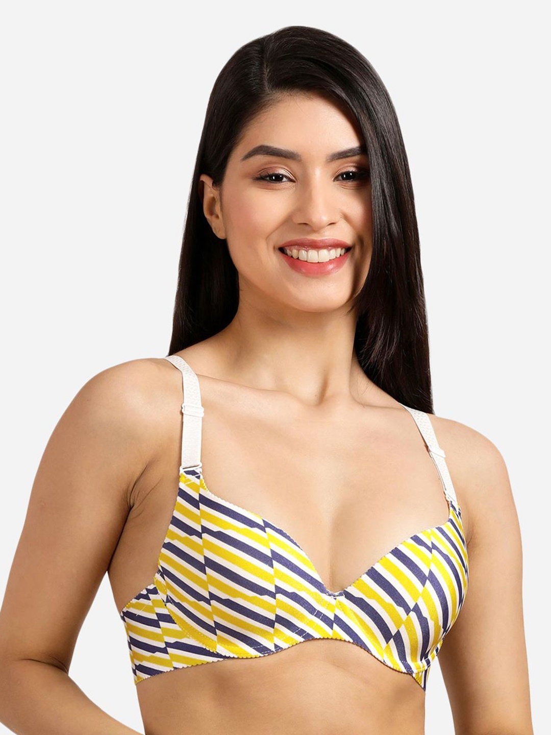 

shyaway Striped Medium Coverage Lightly Padded Cotton Balconette Bra- All Day Comfort, Yellow