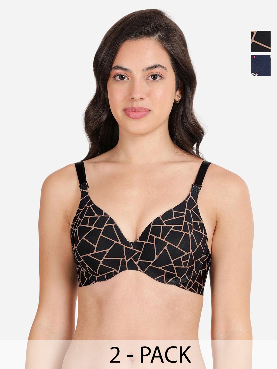 

shyaway Pack Of 2 Printed Medium Coverage Lightly Padded Balconette Bra- All Day Comfort, Black