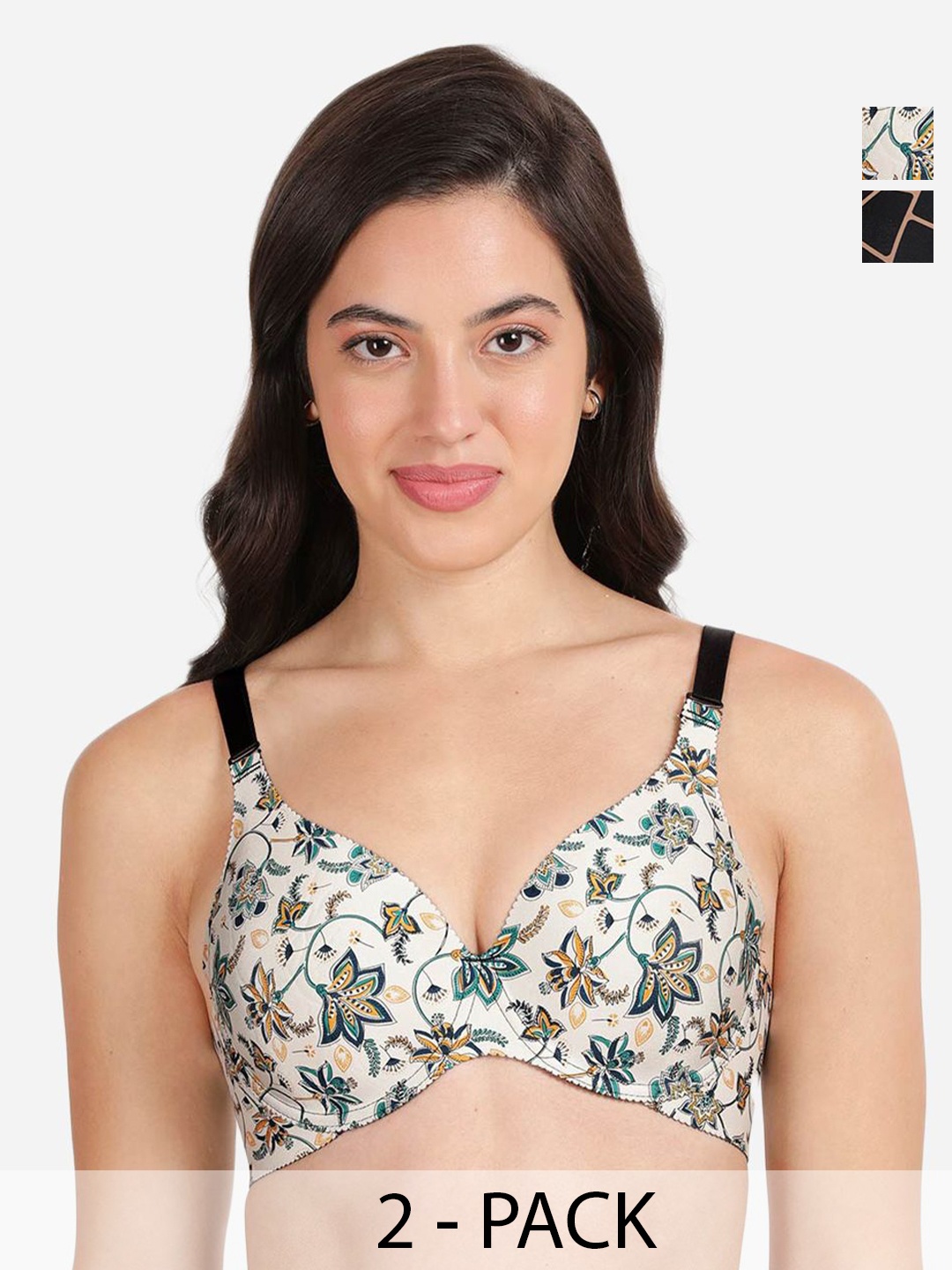 

shyaway Pack Of 2 Printed Medium Coverage Lightly Padded Balconette Bra- All Day Comfort, Black