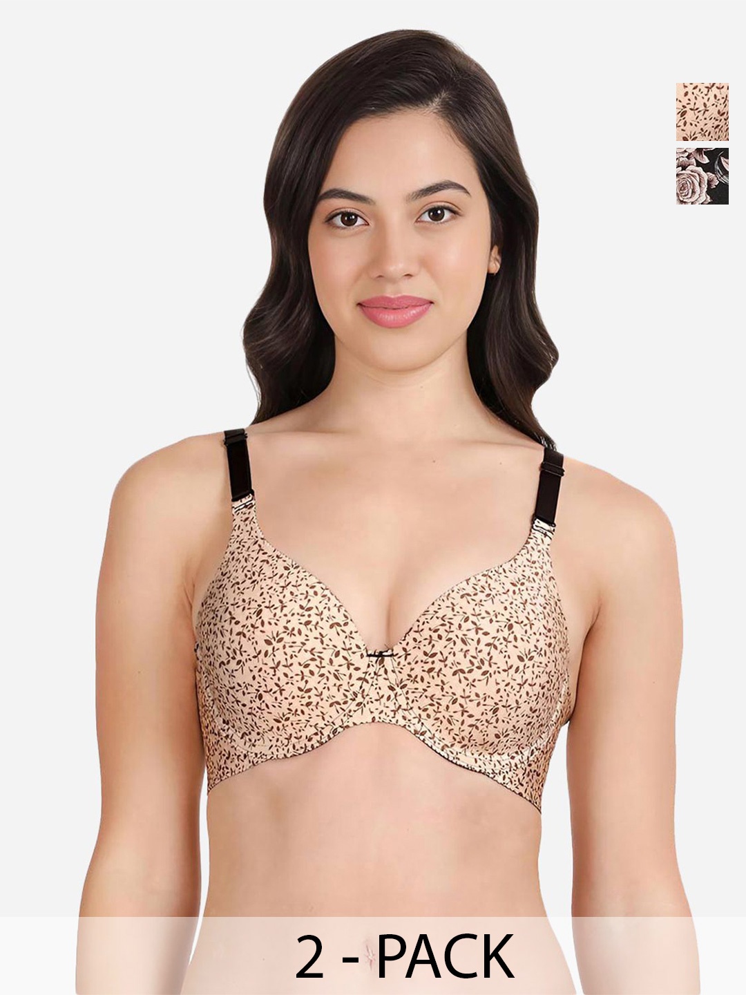 

shyaway Pack Of 2 Floral Medium Lightly Padded T-shirt Bras With All Day Comfort, Beige