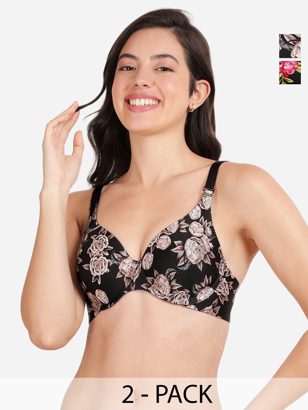 

shyaway Pack Of 2 Floral Printed Lightly Padded T-shirt Bra- All Day Comfort, Black