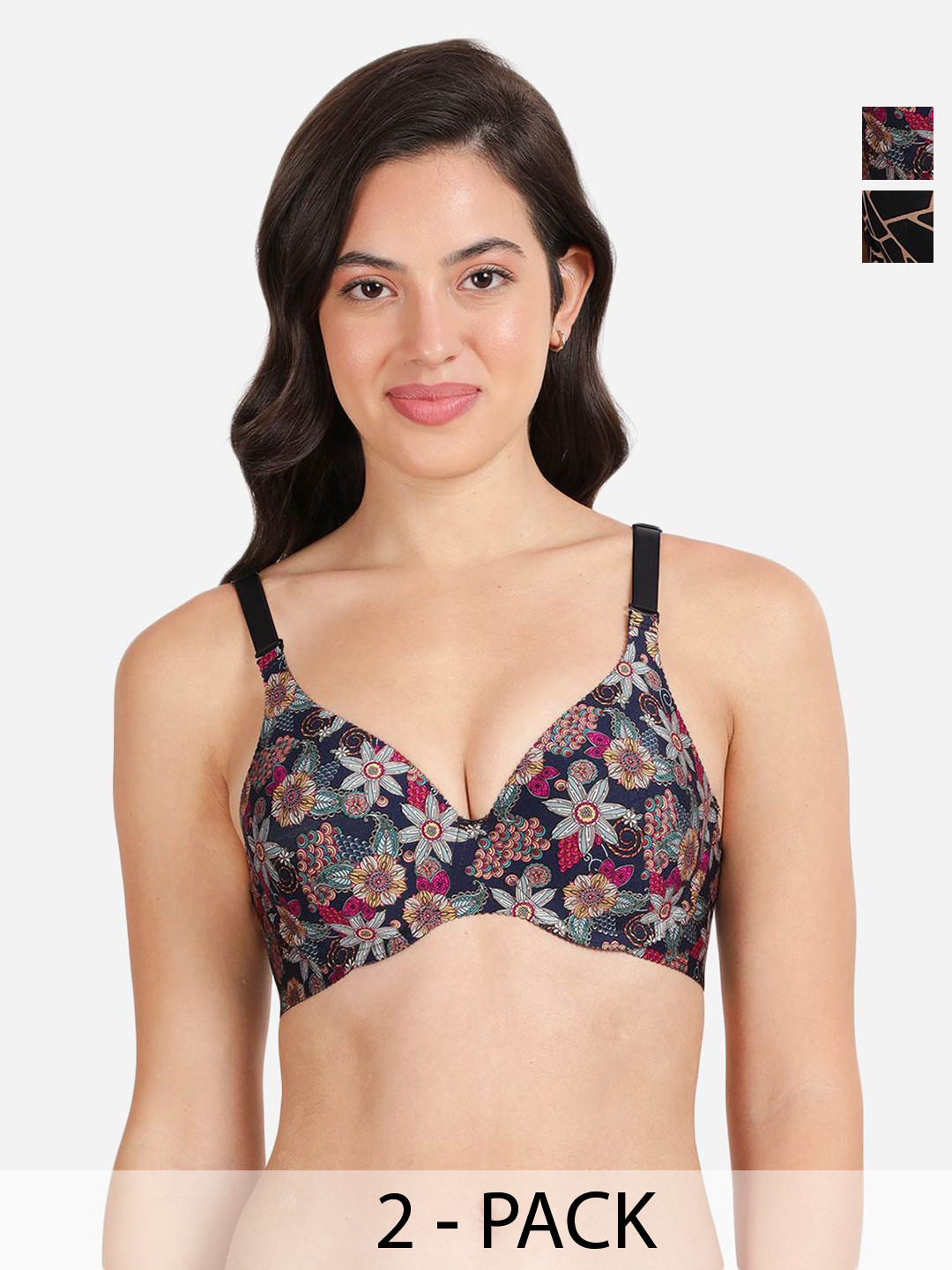 

shyaway Pack of 2 Floral Balconette Bra - Medium Coverage Underwired Lightly Padded, Black