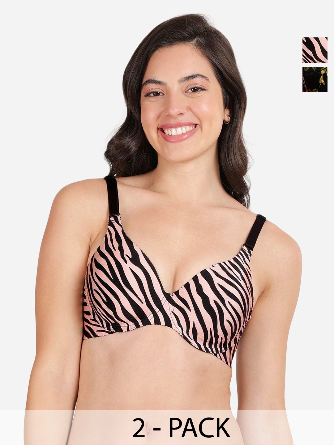 

shyaway Pack Of 2 Printed Medium Coverage Lightly Padded Balconette Bra- All Day Comfort, Black