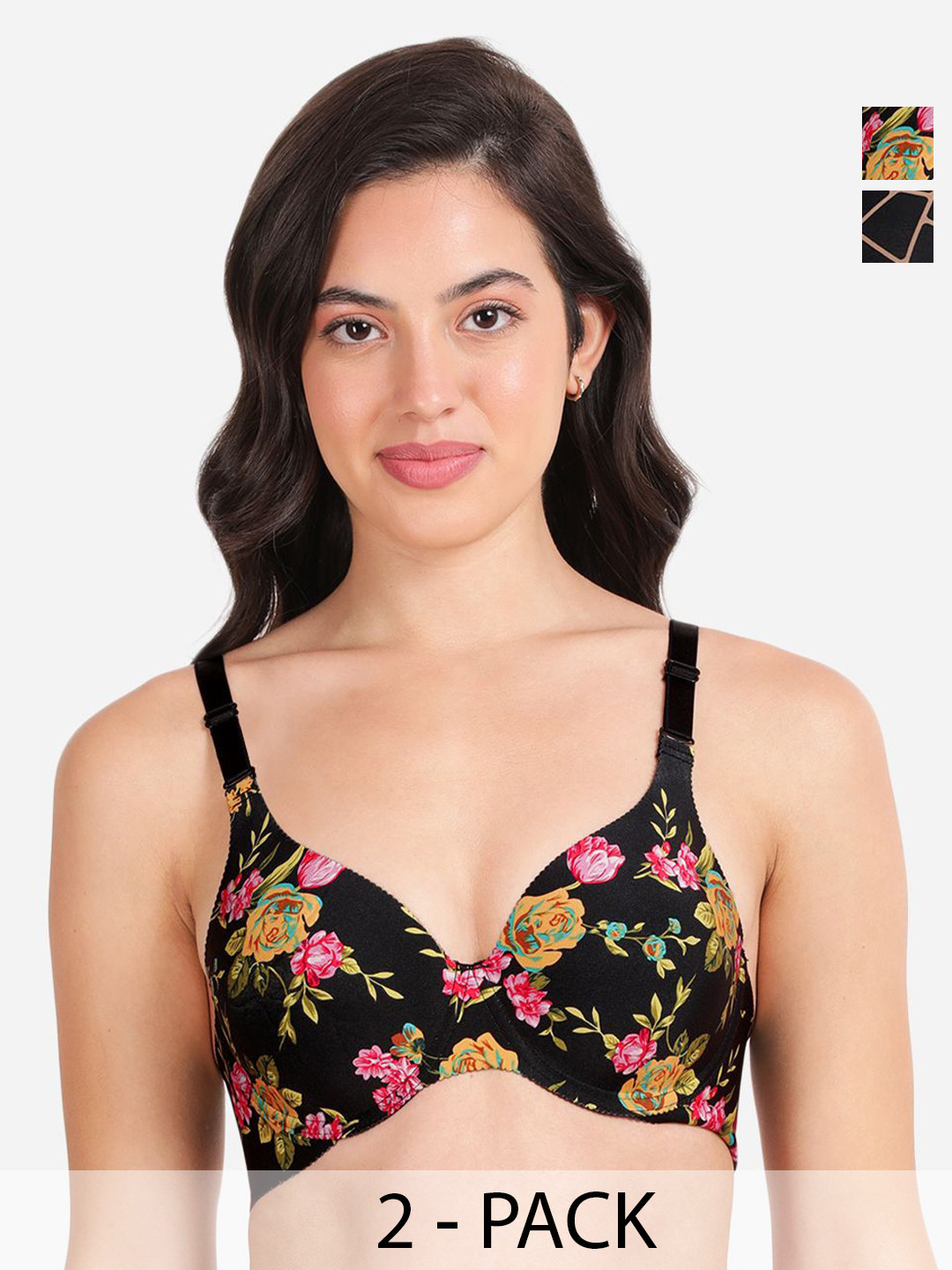

shyaway Pack Of 2 Printed Medium Coverage Lightly Padded Balconette Bra- All Day Comfort, Black