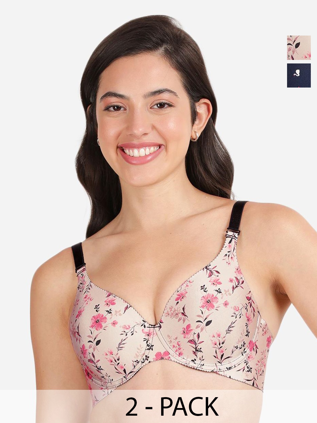

shyaway Pack Of 2 Printed Medium Coverage Lightly Padded T-shirt Bras With All Day Comfort, Navy blue