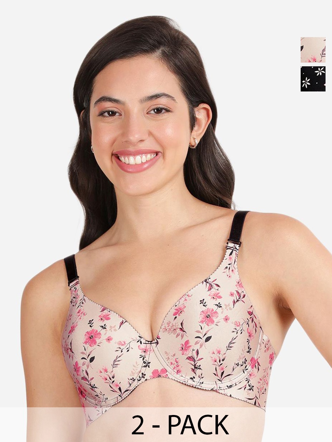 

shyaway Pack Of 2 Floral Print Medium Coverage Lightly Padded T-shirt Bra- All Day Comfort, Beige