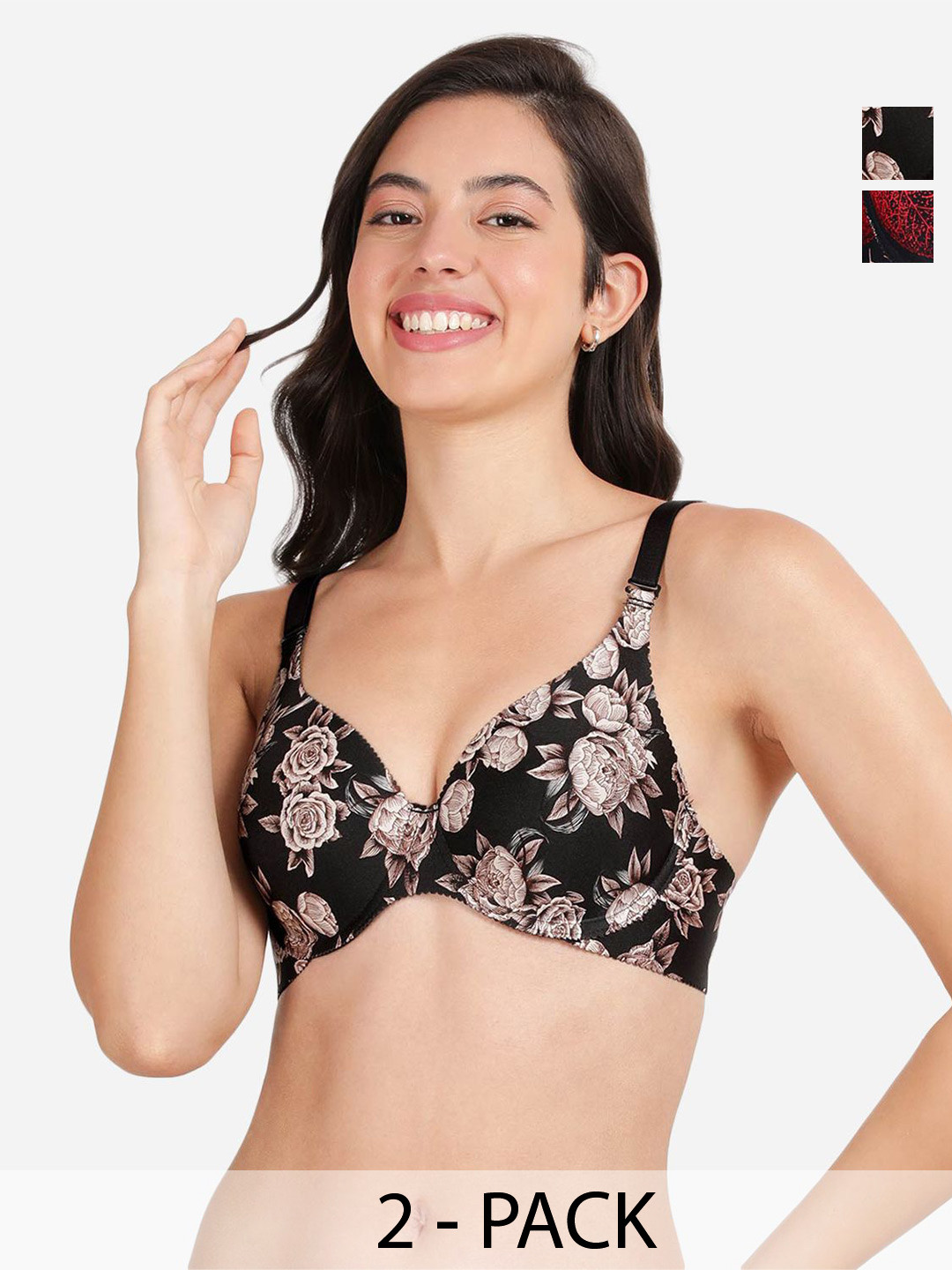 

shyaway Pack of 2 Floral Balconette Bra - Medium Coverage Underwired Lightly Padded, Navy blue