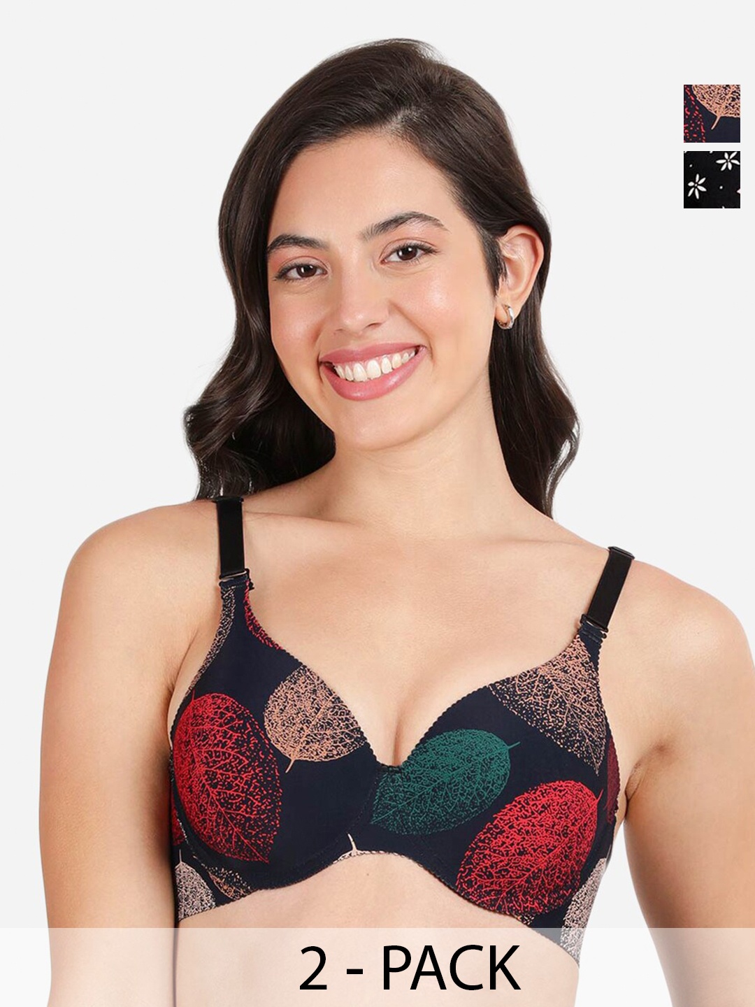 

shyaway Pack Of 2 Printed Medium Coverage Lightly Padded T-shirt Bras With All Day Comfort, Black