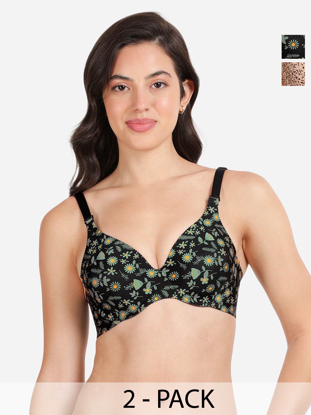 

shyaway Pack Of 2 Floral Printed Lightly Padded Balconette Bra - All Day Comfort, Black