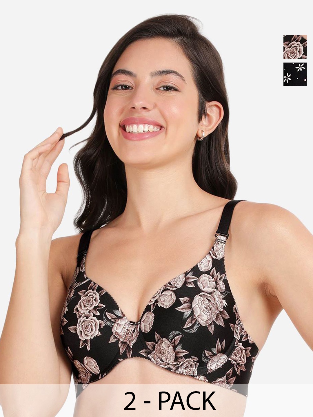 

shyaway Pack Of 2 Floral Printed Lightly Padded Medium Coverage Bra- All Day Comfort, Black