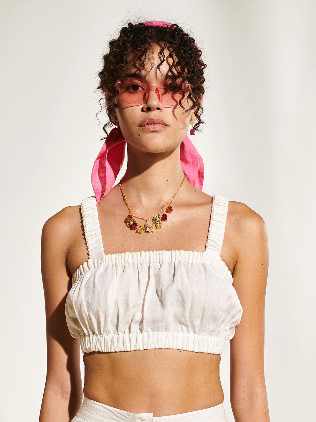 

Midsummer Gathered Shoulder Straps Crop Top, White