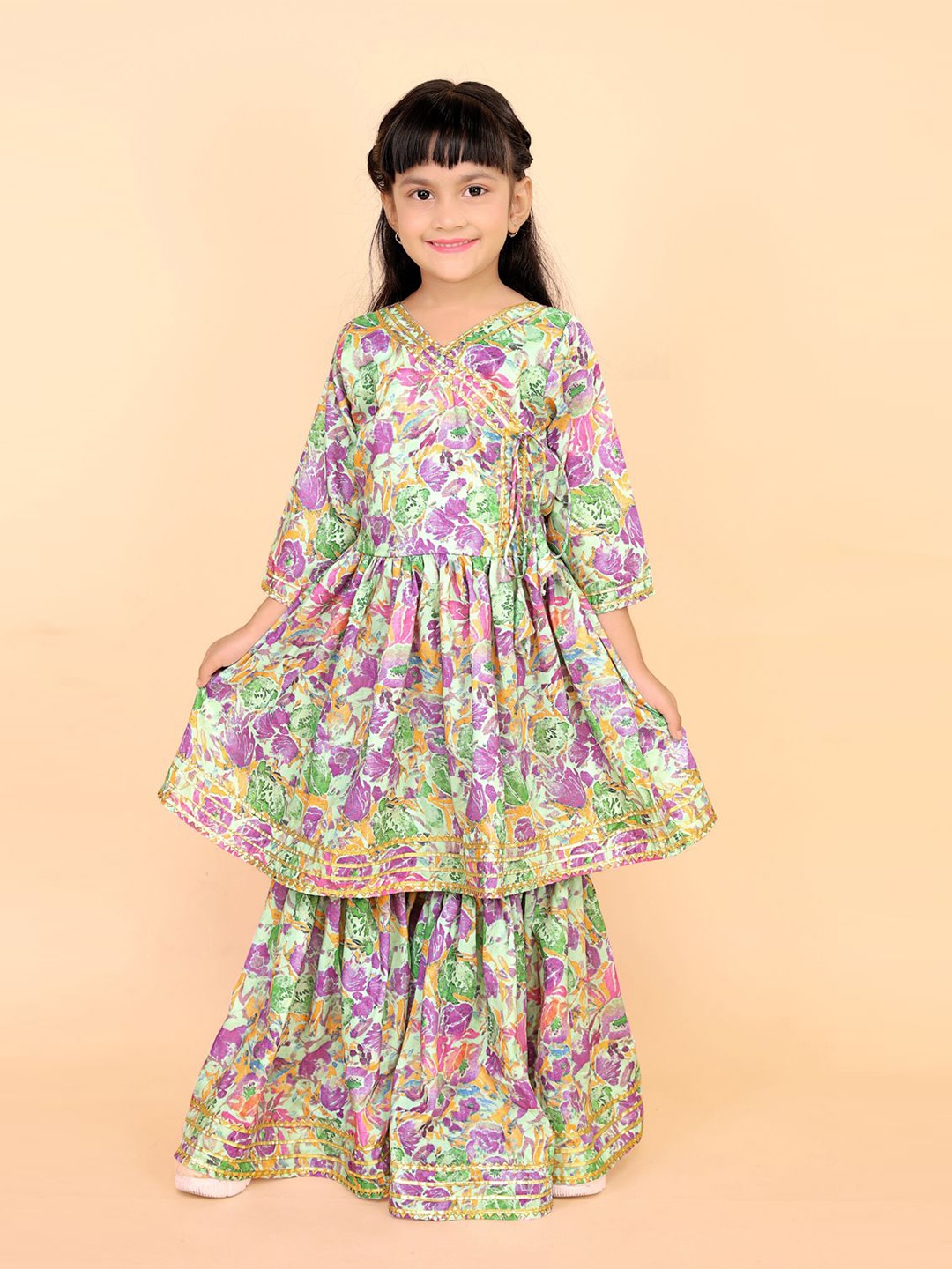 

BAESD Girls Floral Printed V-Neck Gotta Patti Angrakha Anarkali Kurta With Sharara, Green