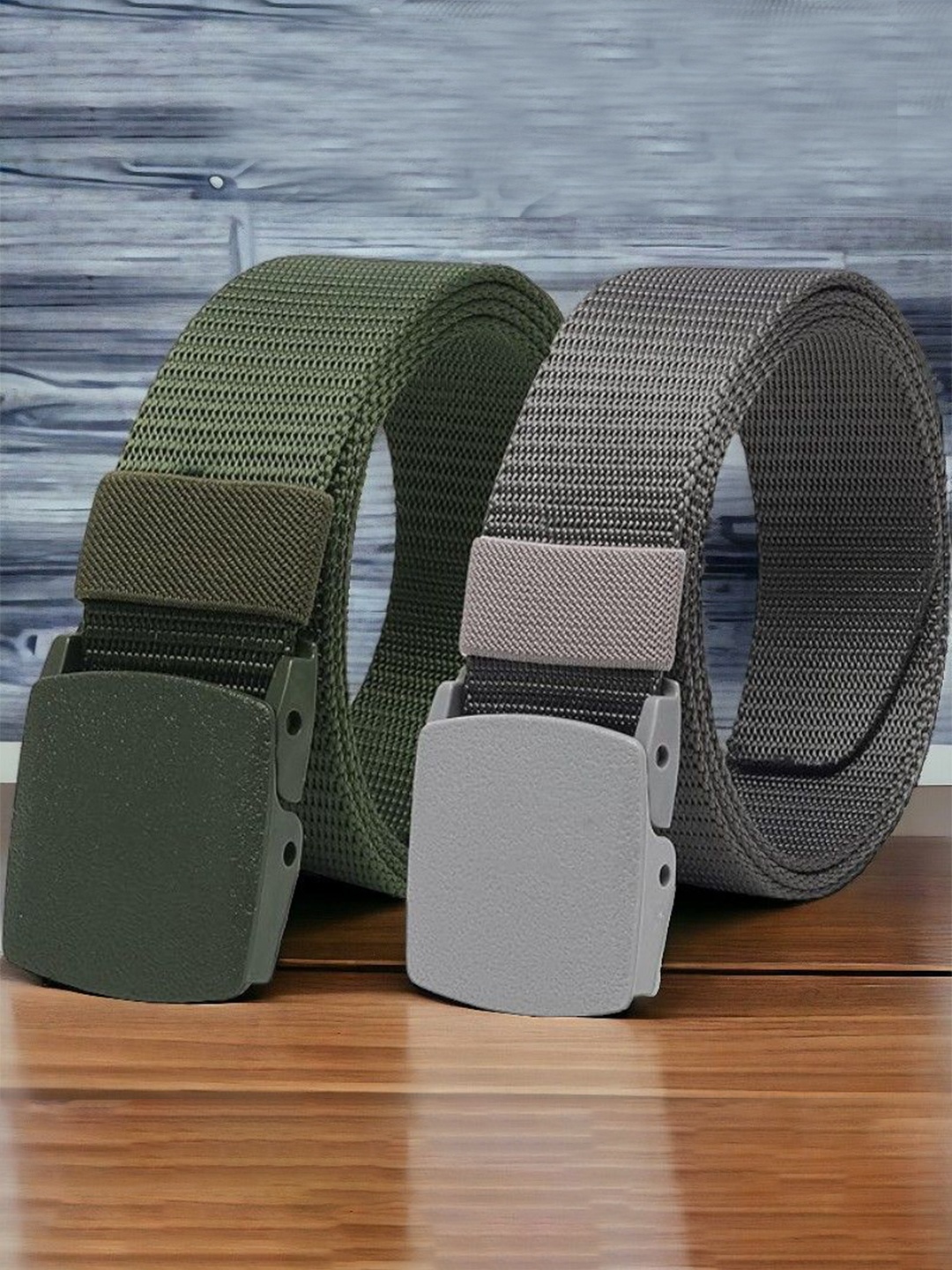 

The Roadster Lifestyle Co. Men Green & Grey Set Of 2 Textured Canvas Belts