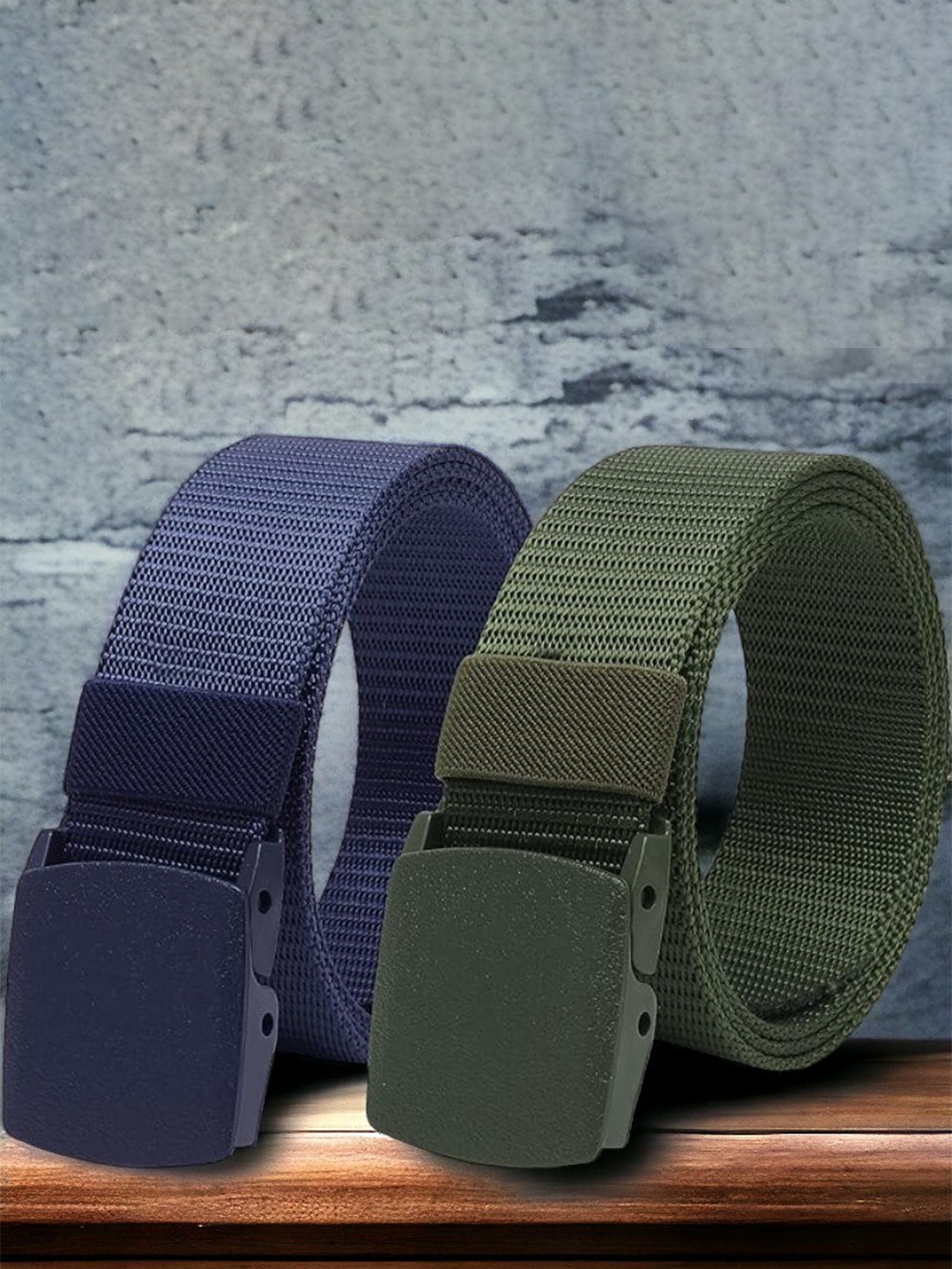 

The Roadster Lifestyle Co. Men Blue & Green Set Of 2 Textured Canvas Belts
