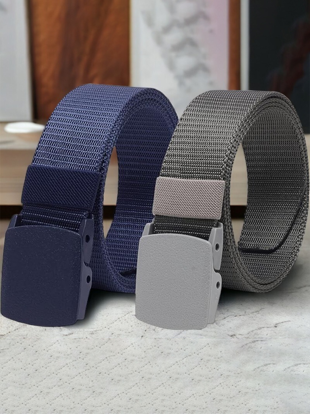 

The Roadster Lifestyle Co. Men Blue & Grey Set Of 2 Textured Canvas Belts