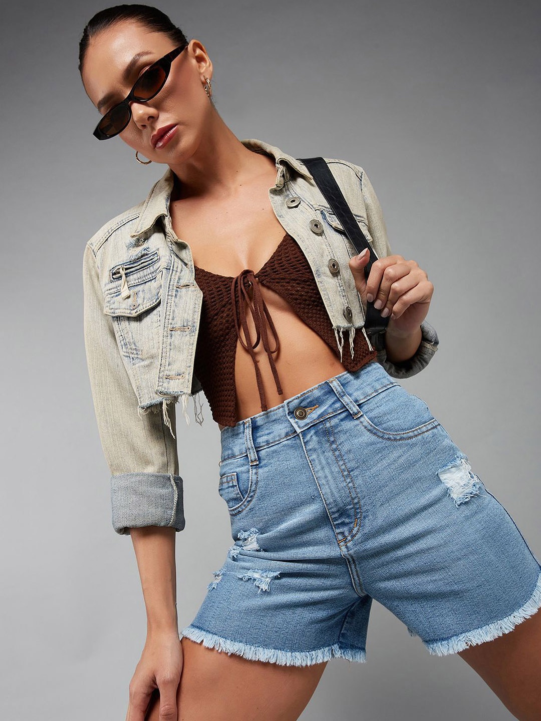 

Miss Chase Women Relaxed Fit Mid-Rise Distressed Denim Shorts, Blue