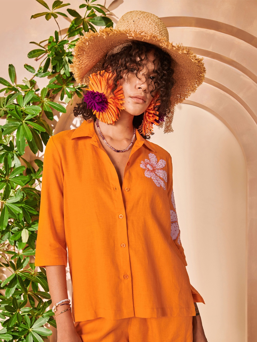 

Midsummer Textured Self Design Applique Work Linen Casual Shirt, Orange