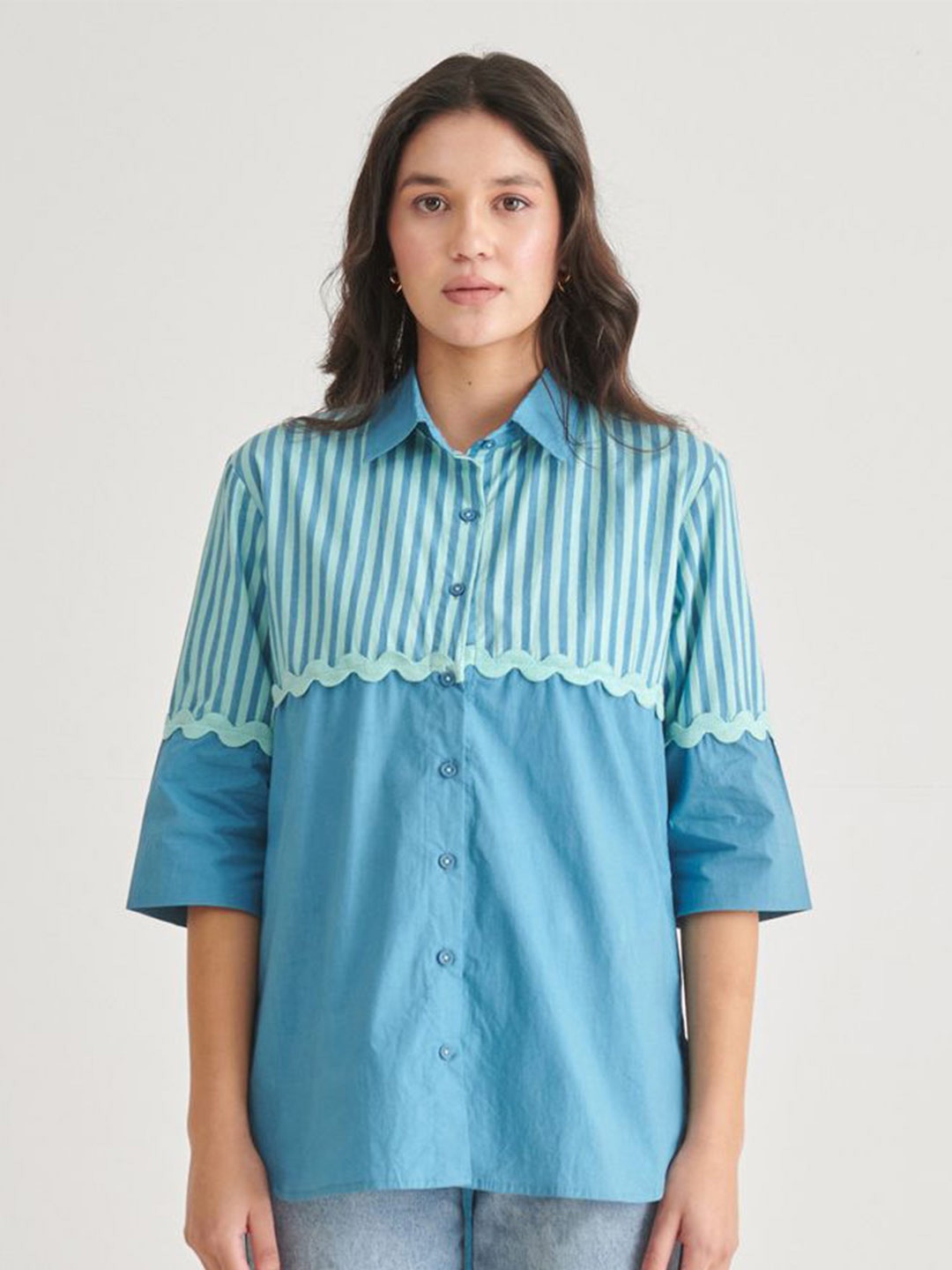 

Midsummer Striped Spread Collar Casual Shirt, Blue